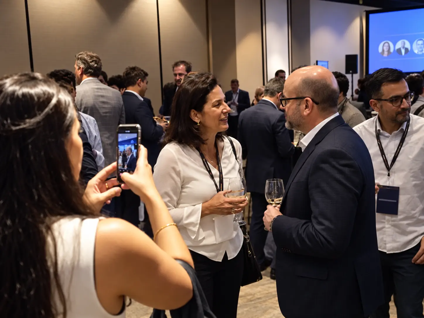 Una asistente fotografía con su celular a compañeros en una reunión de empresa
