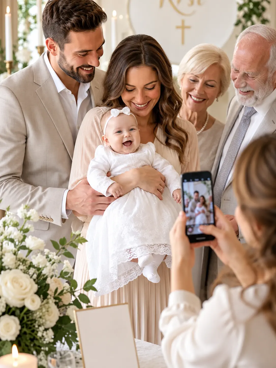 Una familiar toma una foto con su celular de un bebé acompañado por su familia