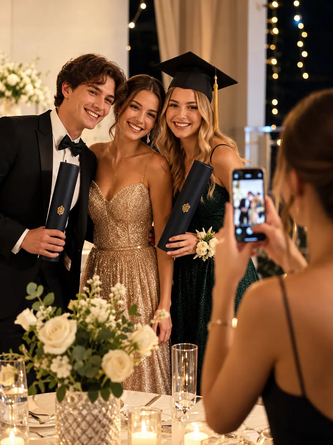 Una invitada toma una fotografía de tres jóvenes con diplomas y birrete