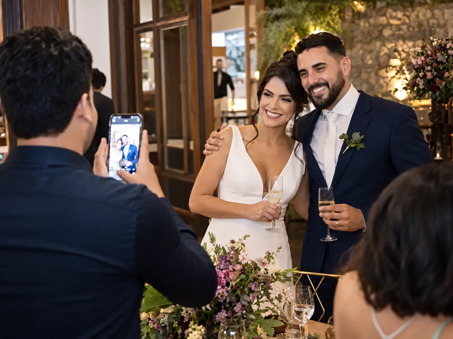 Un invitado usa su celular para fotografiar a una pareja durante la celebración