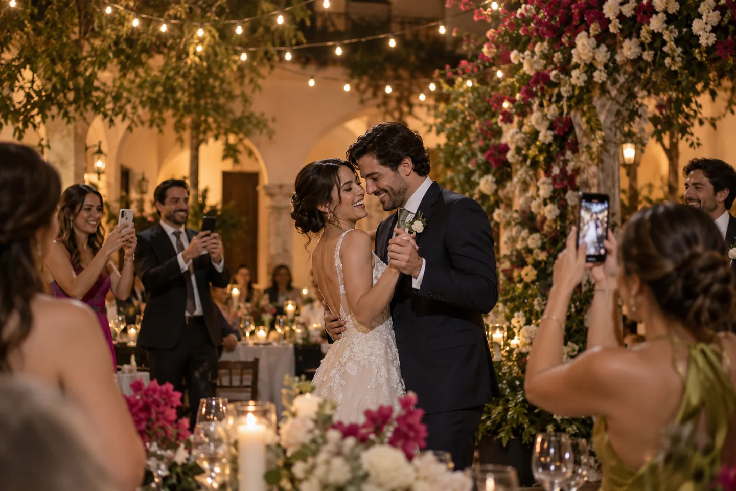 Una pareja baila en un patio iluminado mientras sus invitados toman fotos con sus celulares.